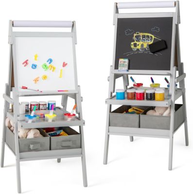 Tableau Enfant Double Face 3 en 1,avec Tableau Blanc Noir et Rouleau de Papier,avec Étagère,3 Pots et 2 Tiroirs,pour 3-6 Ans,Gris