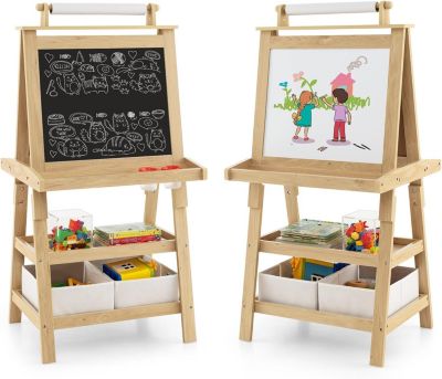 Tableau Enfant Double Face,avec Tableau Blanc/Noir Magnétique Effacable, 2 Boîtes de Rangement,pour 3+ Ans (Naturel)