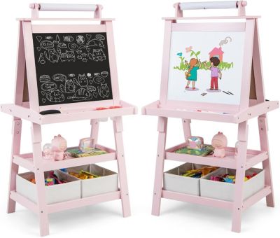Tableau Enfant Double Face,avec Tableau Blanc/Noir Magnétique Effacable,Rouleau de Papier 2 Boîtes de Rangement,pour 3+ Ans (Rose)