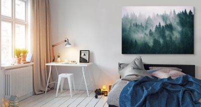 Toile murale avec forêt brumeuse, forêt noire et blanche dans le brouillard – Image de peinture à thème forêt d'arbre – Image pour décoration de chambre à coucher, salon (Œuvre d'art 03