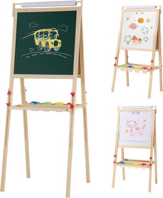 Tableau Magnétique Enfant Double Face, 3 en 1 Chevalet avec Hauteur Réglable, Tableau Blanc/Noir Effacable, Rouleau de Papier