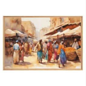 Tableau mural encadré marché aquarelle 65x97 cm - Fabriqué en France