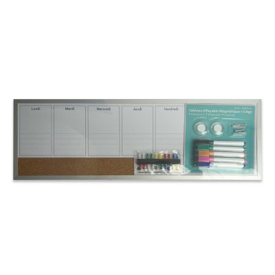 Tableau semainier effaçable magnétique et liège l.56 x H.19 cm + 5 marqueurs + 20 punaises + 2 aimants