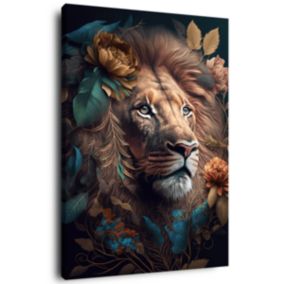 Tableau sur toile lion roi fleuri 30x45 cm Fabriqué en France