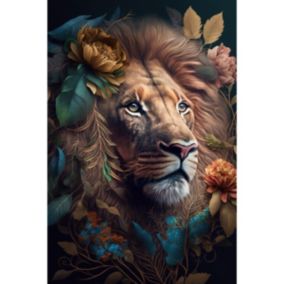 Tableau sur toile lion roi fleuri 45x65 cm - Fabriqué en France