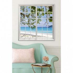 Tableau verre acrylique Regarder La Plage trompe l'oeil fenêtre 90 x 90 cm - Décoration murale photo pour la maison