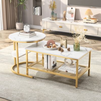 Tables Basses Gigognes Lot de 2, Table Gigogne Design Marbre, Cadre en Métal Doré