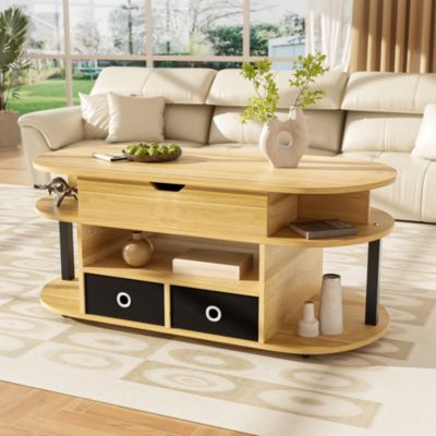 Tables Basses - Table Basse Relevable avec 2 Tiroirs en Tissu et Espace de Rangement - 105 x 50 x 60 cm -  Bois + Noir