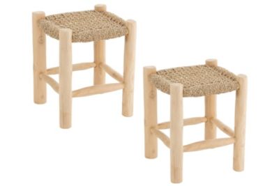 Tabouret artisanal carré en teck et jonc de mer (lot de 2) - CHAM