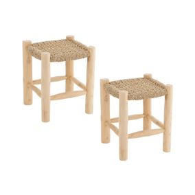 Tabouret artisanal carré en teck et jonc de mer (lot de 2) - CHAM