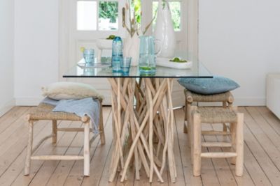 Tabouret artisanal carré en teck et jonc de mer (lot de 2) - CHAM
