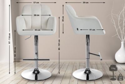 Tabouret bar Natoma velours, pivotant à 360 , structure réglable avec repose-pieds, assise rembourrée Métalchromé/Crème