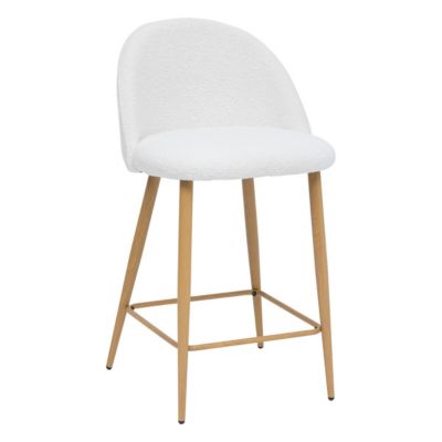 Tabouret Chaise de Bar en tissu Blanc à bouclettes et  pieds en métal aspect chêne