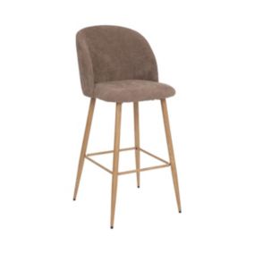 Tabouret Chaise de Bar en velours côtelé Taupe et pieds en métal aspect chêne