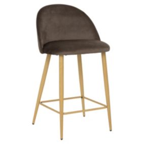 Tabouret Chaise de Bar en velours Taupe et  pieds en métal aspect chêne