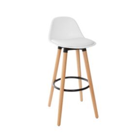 Tabouret de bar confortable Assise Blanche et Pieds en Bois H 92 cm