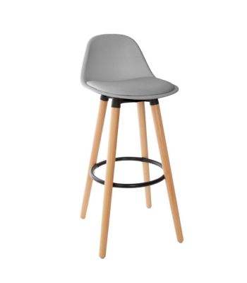 Tabouret de bar confortable Assise Grise et Pieds en Bois H 92 cm