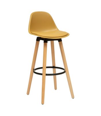 Tabouret de bar confortable Assise Jaune Ocre et Pieds en Bois H 92 cm