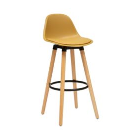 Tabouret de bar confortable Assise Jaune Ocre et Pieds en Bois H 92 cm