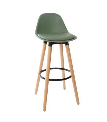 Tabouret de bar confortable Assise Kaki et Pieds en Bois H 92 cm