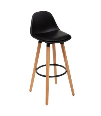 Tabouret de bar confortable Assise Noire et Pieds en Bois H 92 cm