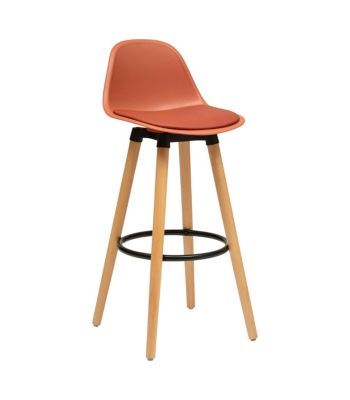 Tabouret de bar confortable Assise Terracotta et Pieds en Bois H 92 cm