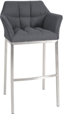 Tabouret de bar, dossier Damaso, chaise rembourrée, 4 pieds, supporte 240 kg, piétement métallique. Gris/Acierinoxydable