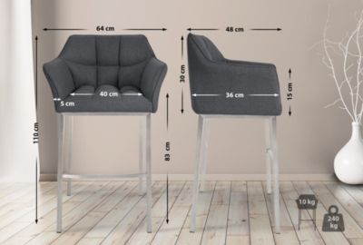 Tabouret de bar, dossier Damaso, chaise rembourrée, 4 pieds, supporte 240 kg, piétement métallique. Gris/Acierinoxydable