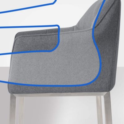 Tabouret de bar, dossier Damaso, chaise rembourrée, 4 pieds, supporte 240 kg, piétement métallique. Gris/Acierinoxydable