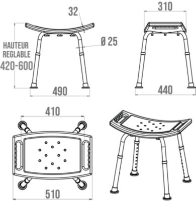 Tabouret de douche avec poignées, hauteur réglable, blanc, Godonnier