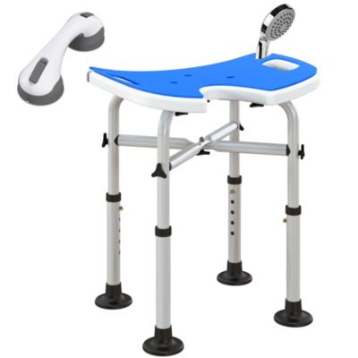 Tabouret de douche - siège de douche avec barre d'appui ventouse - hauteur réglable - alu HDPE bleu blanc