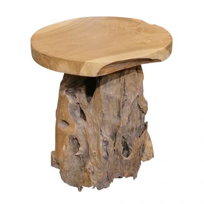 Tabouret en bois de teck plateau rond et piètement racine - DAPHNE 02