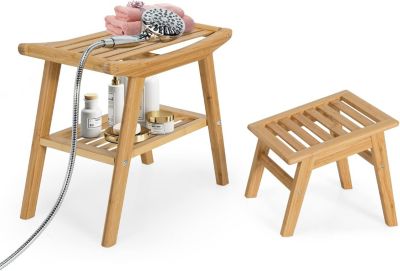 Tabouret et Douche en Bambou avec Étagère de Rangement,2 Niveaux avec Patins , Lattes Respirantes,Charge 150KG, Naturel