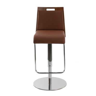 Tabouret pivotant en similicuir marron et noyer