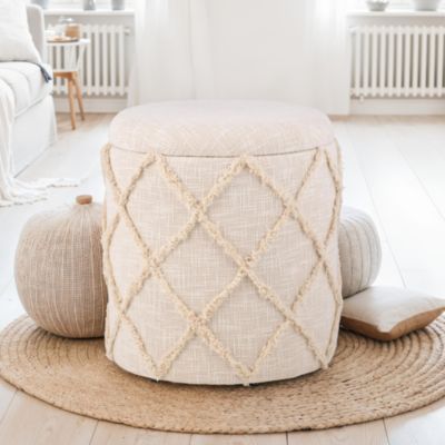 Tabouret Rangement Rond 40x45 cm Coton Crème Style Bohème Déco Salon FineBuy