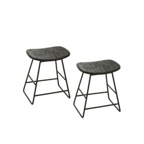 Tabouret rectangulaire en teck recyclé brossé et en métal (lot de 2) - DILI