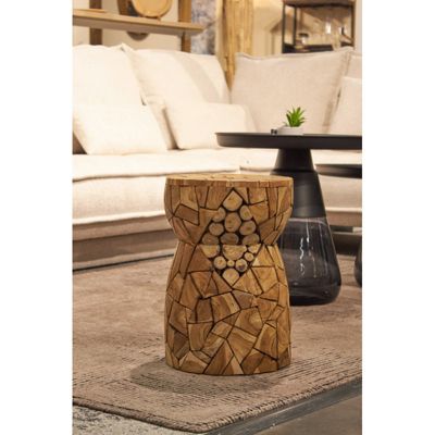 Tabouret rond 30 x 45 cm en assemblage de bois de teck - HIRAM