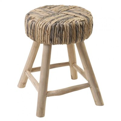 Tabouret-Table d'appoint artisanal en bois de teck et tressage - TRESA