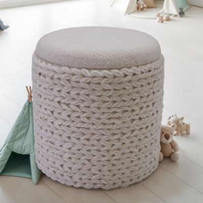 Tabouret  Tabouret avec espace de rangement Laine rond 40x40x45 cm Crème Blanc Boho FineBuy