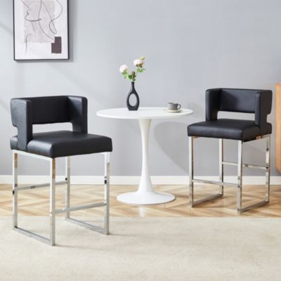 Tabourets de Bar - Ensemble de 2 Chaises de Bar, Dossier Haut et Repose-pieds Intégré, Structure en Métal et Assise PU Noir Argent