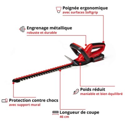 Taille-haie sans fil avec batterie 18 V - longueur de la lame 46 cm - écartement des dents 15 mm - Einhell GC-CH 1846 Li Kit (1x2,0Ah)