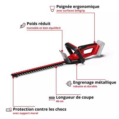 Taille-haie sans fil sans batterie 18 V - longueur de la lame 40 cm - écartement des dents 13 mm - Einhell GC-CH 18/40 Li Solo