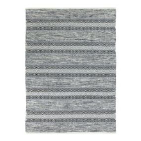 Tapis 100% coton bande ethno blanc-noir 120x170