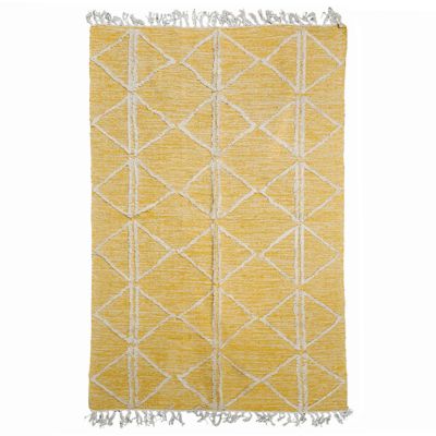 Tapis 120 x 180 cm en coton jaune avec motifs et franges écru - ALIBA