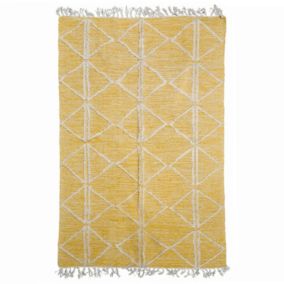 Tapis 120 x 180 cm en coton jaune avec motifs et franges écru - ALIBA