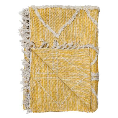 Tapis 120 x 180 cm en coton jaune avec motifs et franges écru - ALIBA