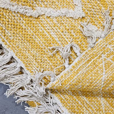 Tapis 120 x 180 cm en coton jaune avec motifs et franges écru - ALIBA