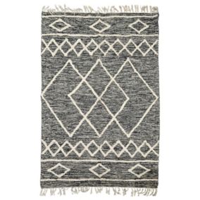 Tapis 120 x 180 cm en coton noir avec motifs et franges écru - ALIBA