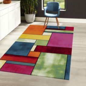 tapis accueil 100x100 tissé multicolore carré motif géométrique GEOME