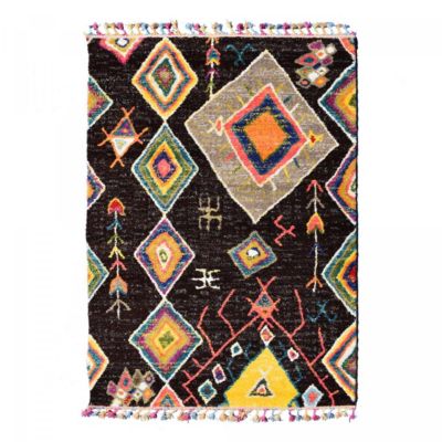 Tapis berbère tissé motif ethnic AGAD, marron foncé, jaune, vert, beige, bleu